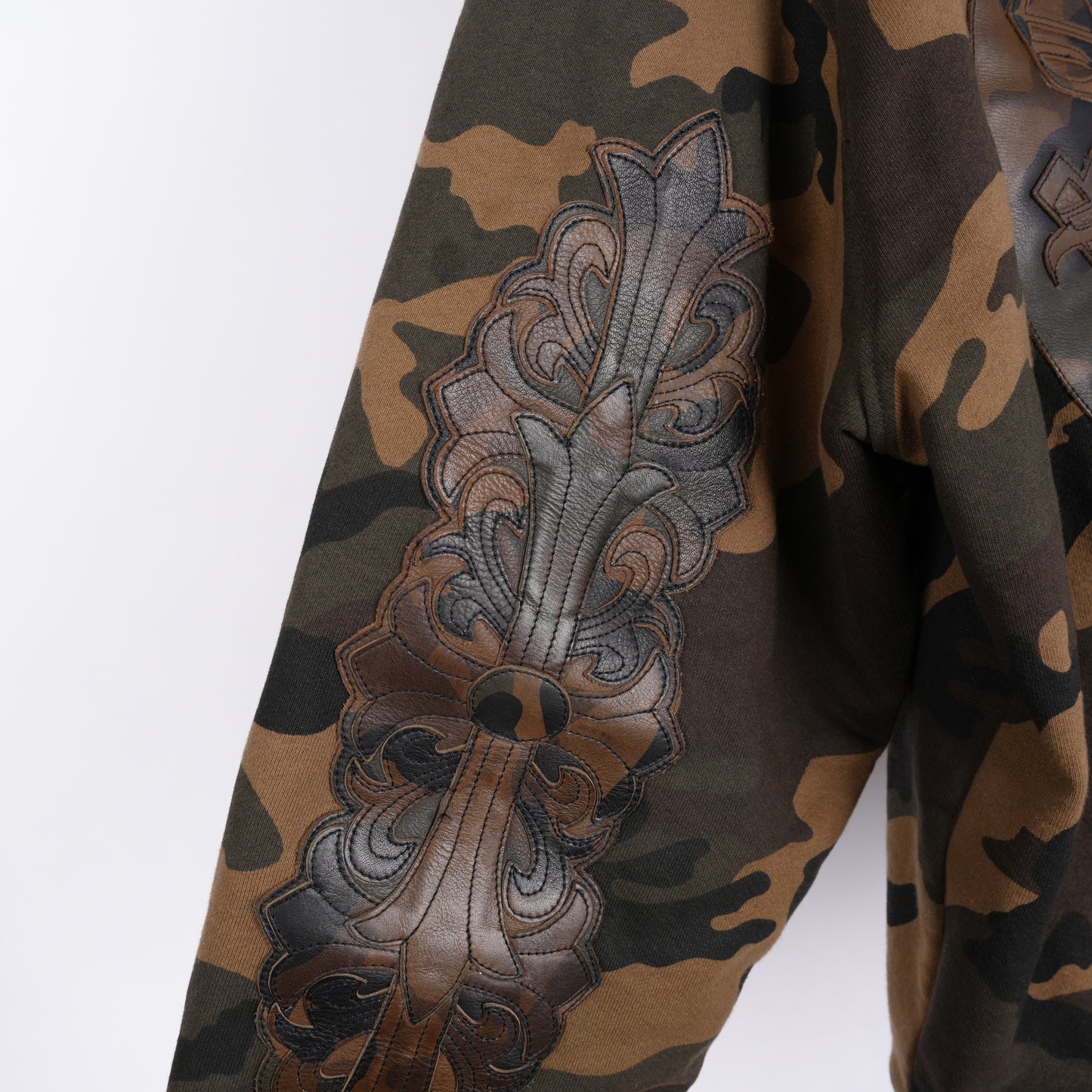 CHROME HEARTS CAMO LEATHER PATCH ZIP UP HOODIE SWEATSHIRT