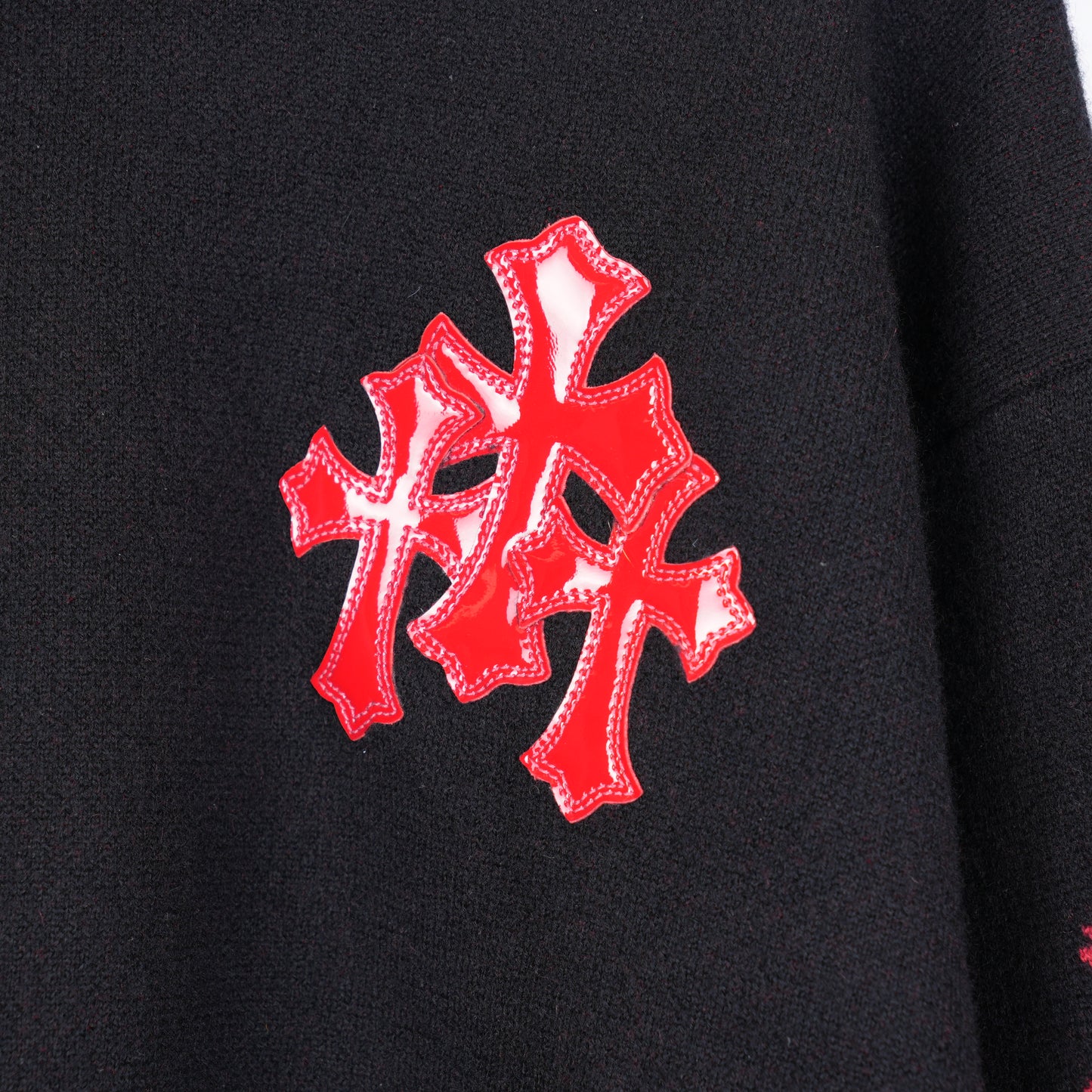 CHROME HEARTS RED PATENT PATCH FLORAL CASHMERE SWEATER
