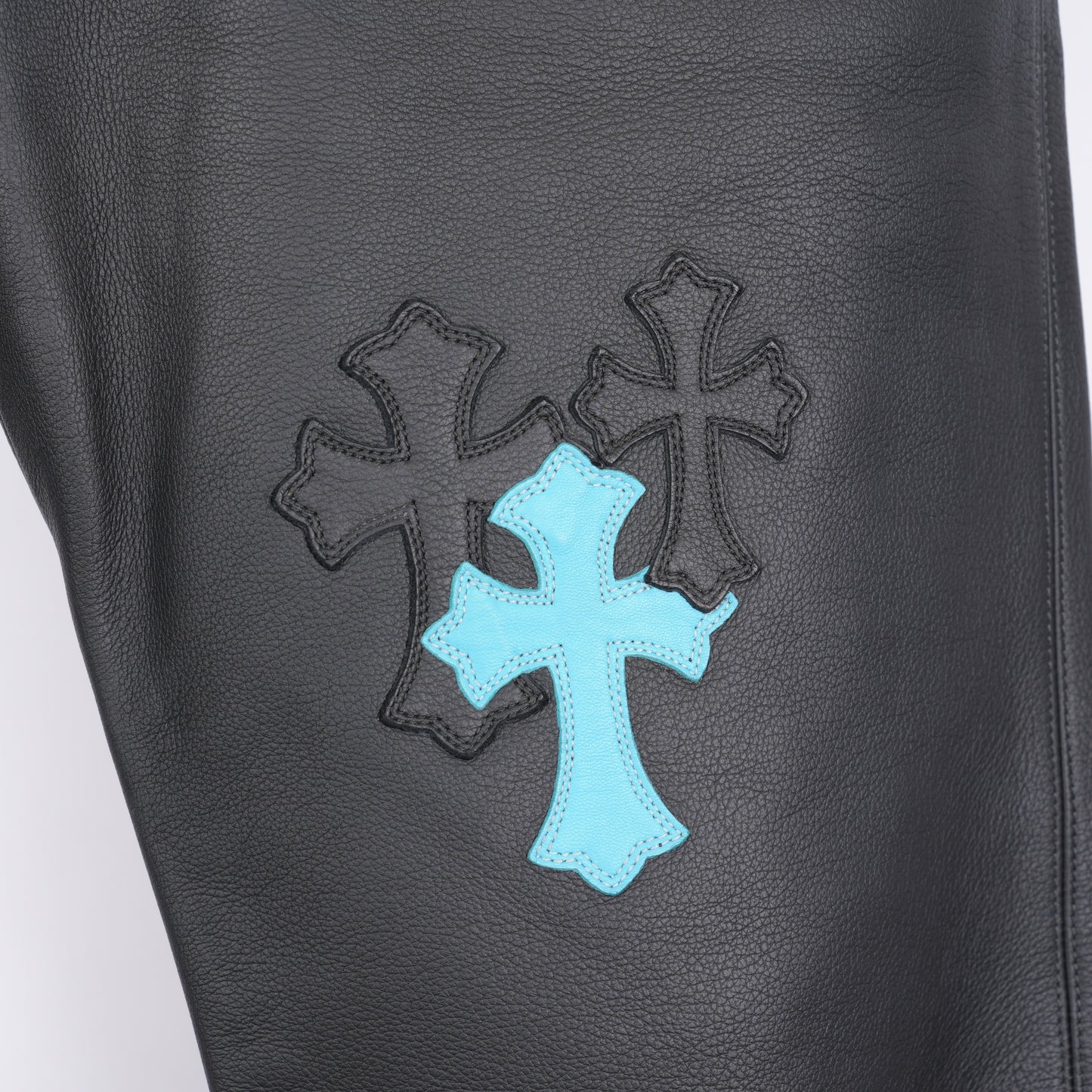 CHROME HEARTS BLUE & BLACK PATCH LEATHER PANTS