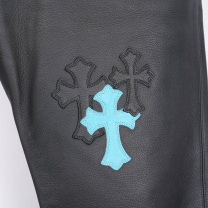 CHROME HEARTS BLUE & BLACK PATCH LEATHER PANTS