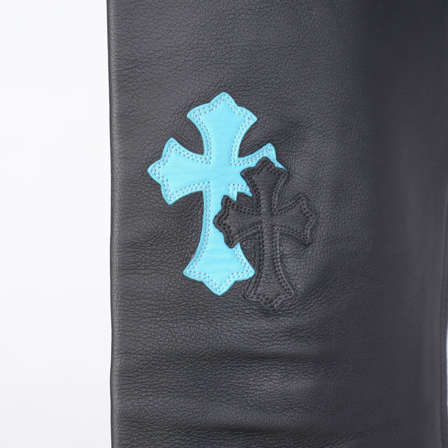 CHROME HEARTS BLUE & BLACK PATCH LEATHER PANTS