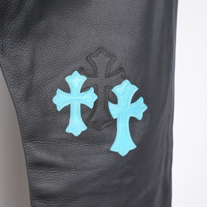 CHROME HEARTS BLUE & BLACK PATCH LEATHER PANTS