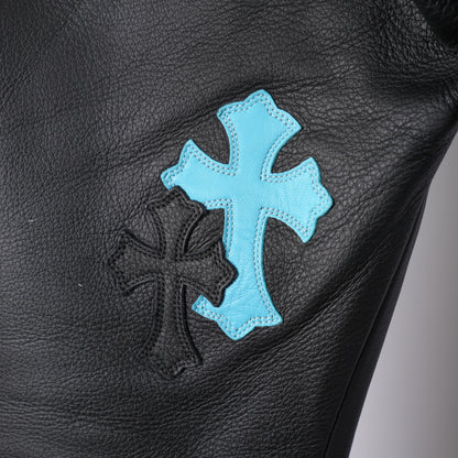 CHROME HEARTS BLUE & BLACK PATCH LEATHER PANTS