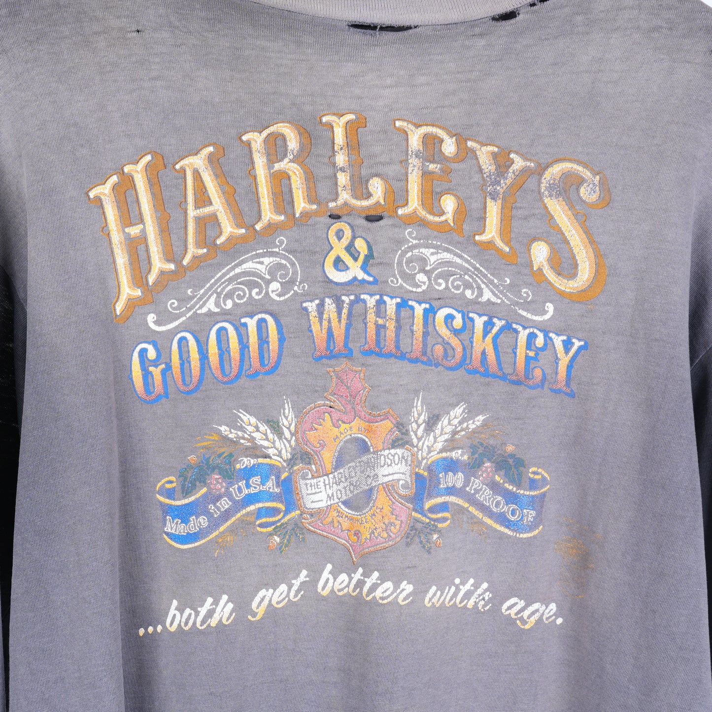 1980S HARLEYS AND GOOD WHISKEY THRASHED FADED LONG SLEEVE T-SHIRT