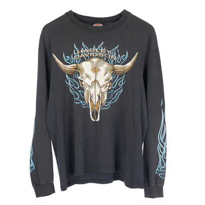VINTAGE SKULL BLUE FLAME LONG SLEEVE T SHIRT HARLEY DAVIDSON