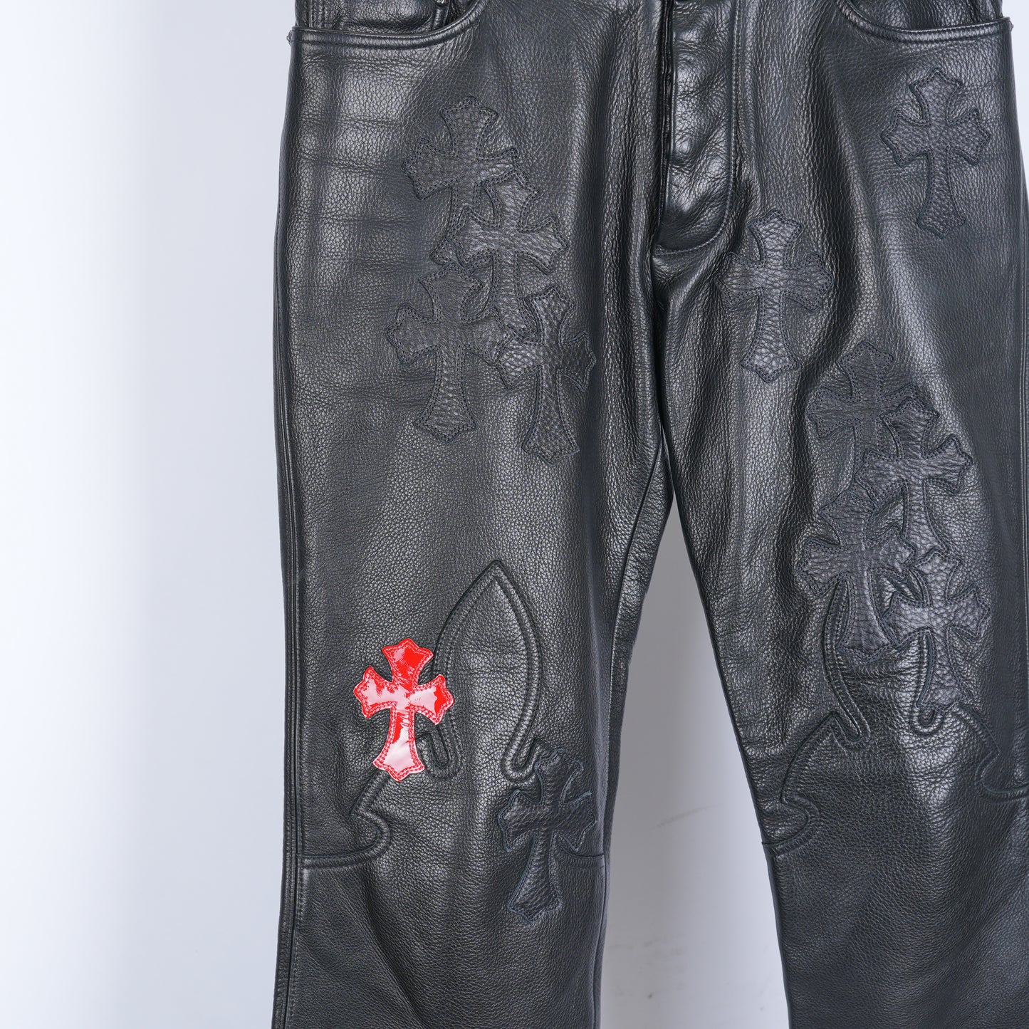 Chrome Hearts Leather Fleur Knee RED Patch Pants