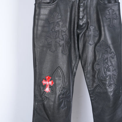 Chrome Hearts Leather Fleur Knee RED Patch Pants