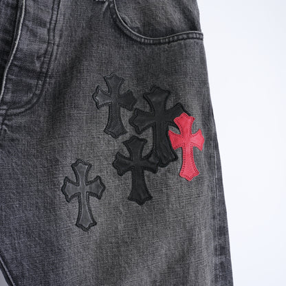 CHROME HEARTS RED AND BLACK CROSS PATCH DRAKE DENIM