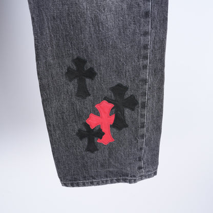 CHROME HEARTS RED AND BLACK CROSS PATCH DRAKE DENIM