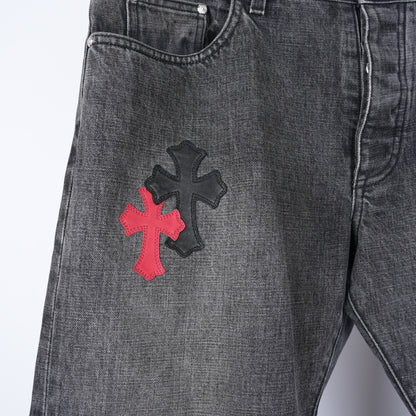 CHROME HEARTS RED AND BLACK CROSS PATCH DRAKE DENIM