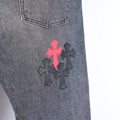 CHROME HEARTS RED AND BLACK CROSS PATCH DRAKE DENIM