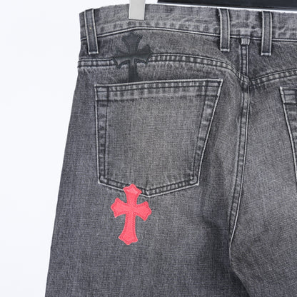CHROME HEARTS RED AND BLACK CROSS PATCH DRAKE DENIM
