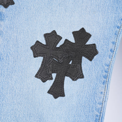 CHROME HEARTS VINTAGE CEMETERY PATCH LIGHT BLUE BIG STAR DENIM