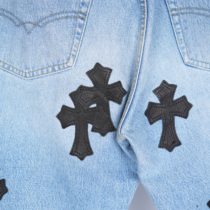 CHROME HEARTS VINTAGE CEMETERY PATCH LIGHT BLUE BIG STAR DENIM
