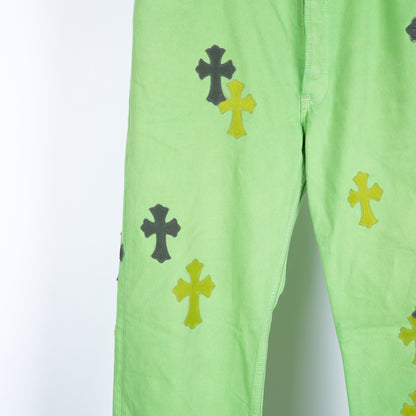 CHROME HEARTS GREEN SEX RECORDS CROSS PATCH JEANS
