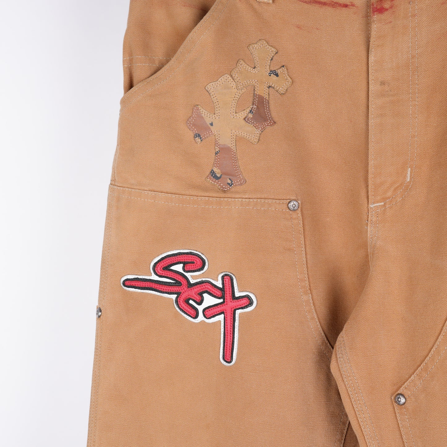 CHROME HEARTS DOUBLE KNEE SEX BROWN CAMO PATCH PANTS