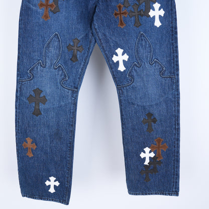 CHROME HEARTS BROWN AND WHITE PATCH FLEUR KNEE DENIM