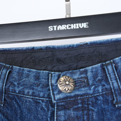 CHROME HEARTS BROWN AND WHITE PATCH FLEUR KNEE DENIM