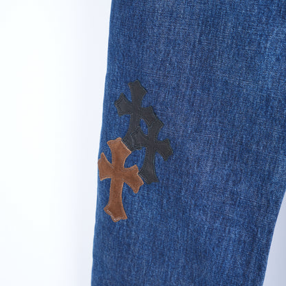 CHROME HEARTS BROWN AND WHITE PATCH FLEUR KNEE DENIM