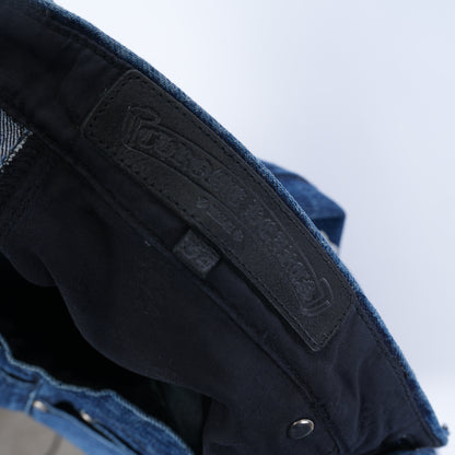 CHROME HEARTS BROWN AND WHITE PATCH FLEUR KNEE DENIM