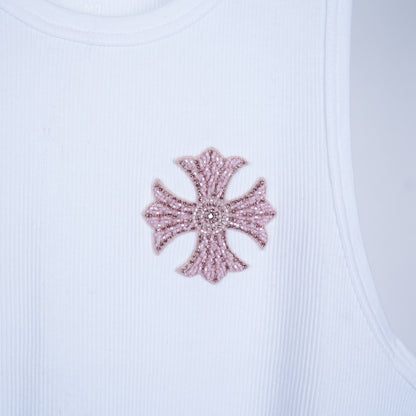 CHROME HEARTS WHITE SEQUIN PATCH TANK TOP ART BASEL