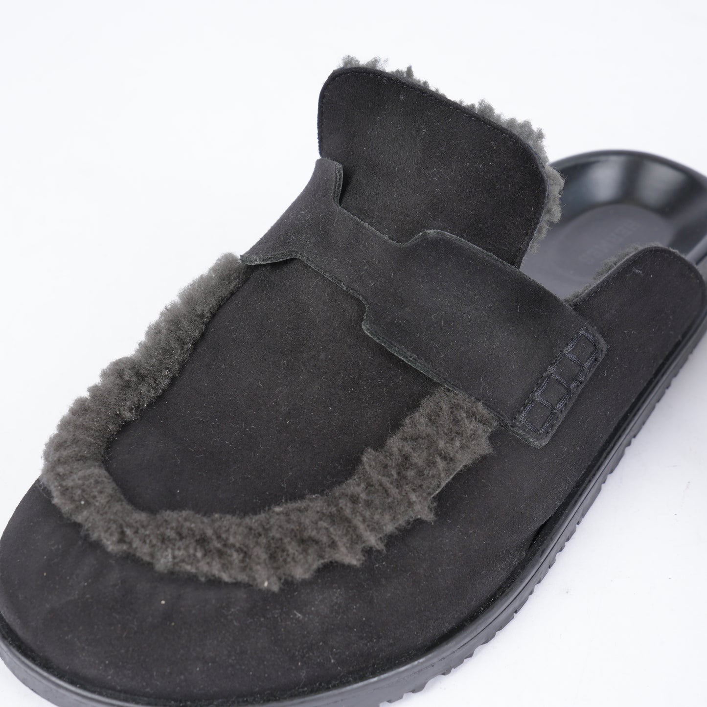 HERMES BLACK MULE SHEARLING SLIPPERS
