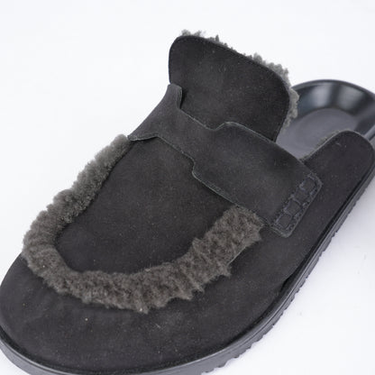 HERMES BLACK MULE SHEARLING SLIPPERS