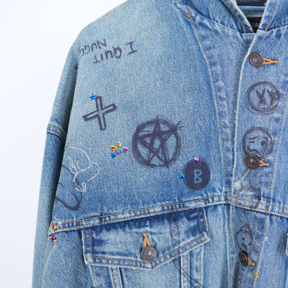 BALENCIAGA DENIM SCRIBBLE RHINESTONE HOODED JACKET