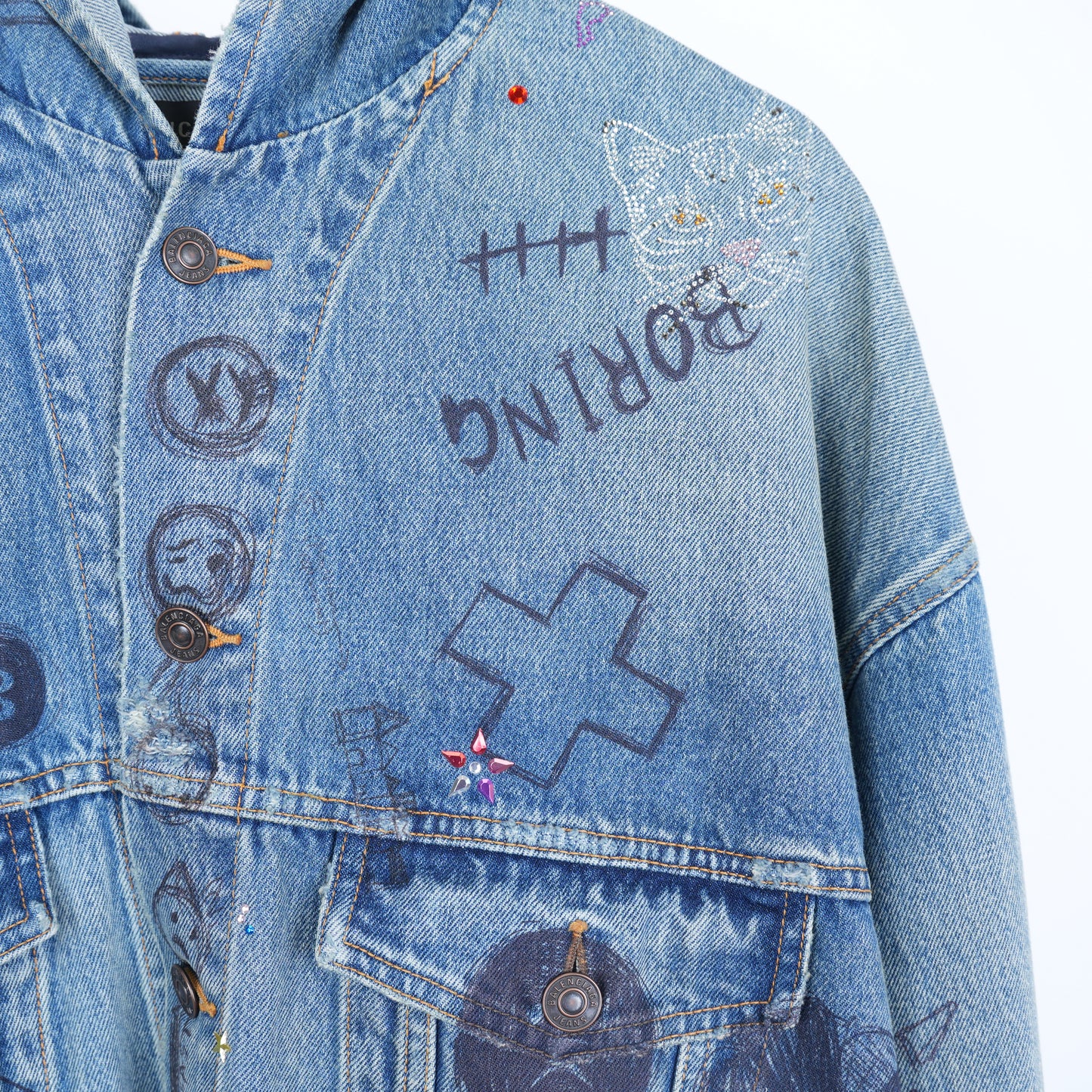 BALENCIAGA DENIM SCRIBBLE RHINESTONE HOODED JACKET