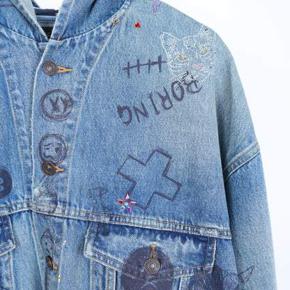 BALENCIAGA DENIM SCRIBBLE RHINESTONE HOODED JACKET