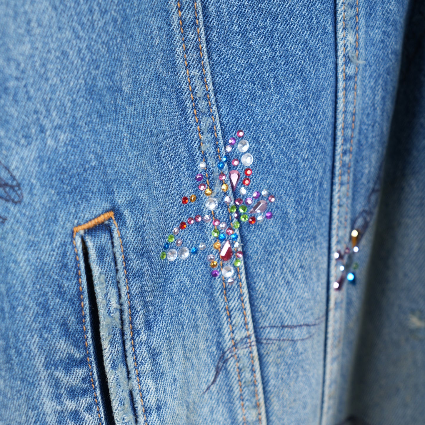 BALENCIAGA DENIM SCRIBBLE RHINESTONE HOODED JACKET