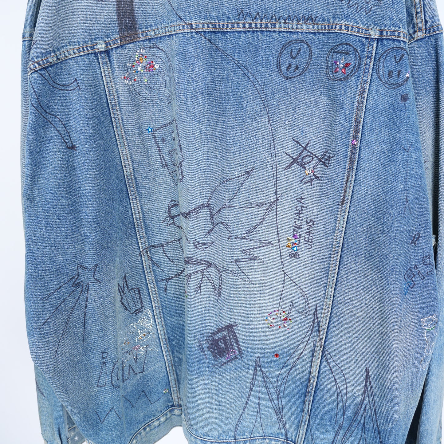 BALENCIAGA DENIM SCRIBBLE RHINESTONE HOODED JACKET