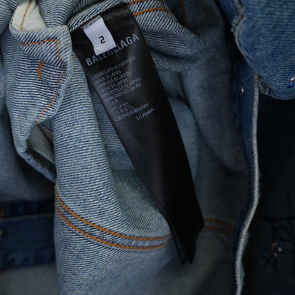 BALENCIAGA DENIM SCRIBBLE RHINESTONE HOODED JACKET