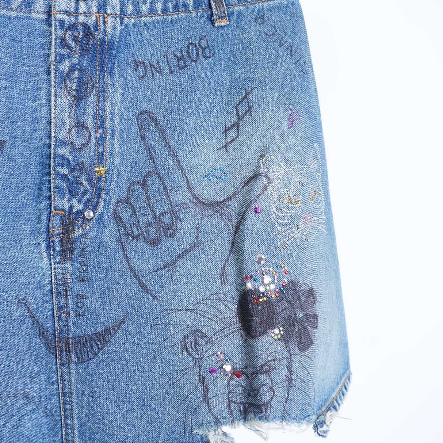 BALENCIAGA DENIM SCRIBBLE RHINESTONE SKIRT