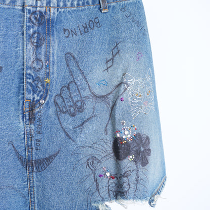 BALENCIAGA DENIM SCRIBBLE RHINESTONE SKIRT
