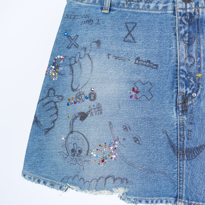 BALENCIAGA DENIM SCRIBBLE RHINESTONE SKIRT