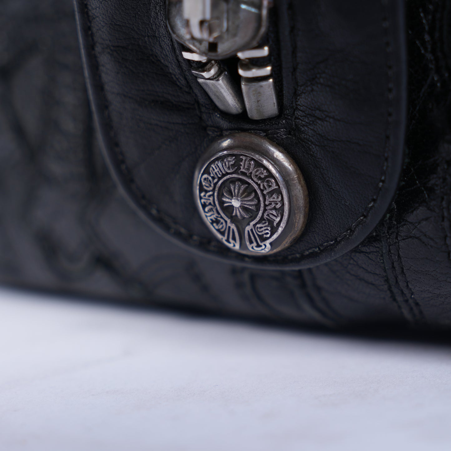 CHROME HEARTS BLACK LEATHER PATCH DUFFLE BAG