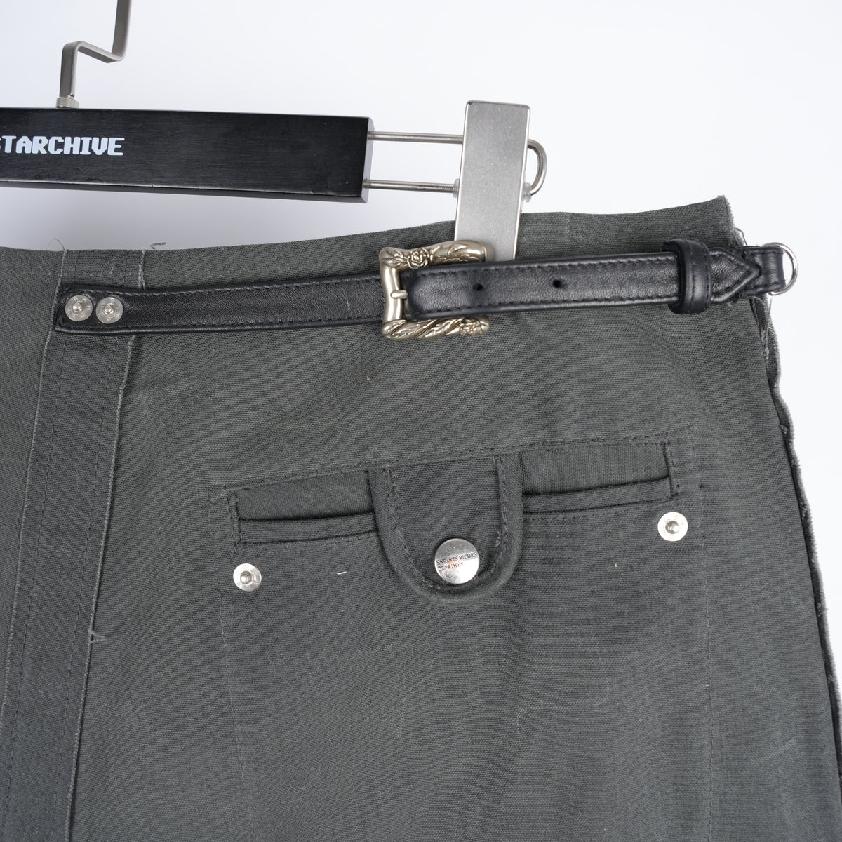 ENFANTS RICHES DÉPRIMÉS ERD FIREMAN LEATHER ROSE BUCKLE WAXED COTTON PANTS