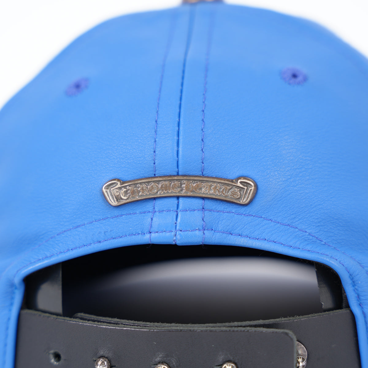 CHROME HEARTS FULL LEATHER BLUE ROLLING STONES TONGUE TRUCKER HAT