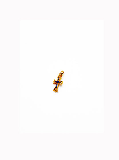 CHROME HEARTS 22K Gold Baby Fat Cross Pendant Pave Sapphire