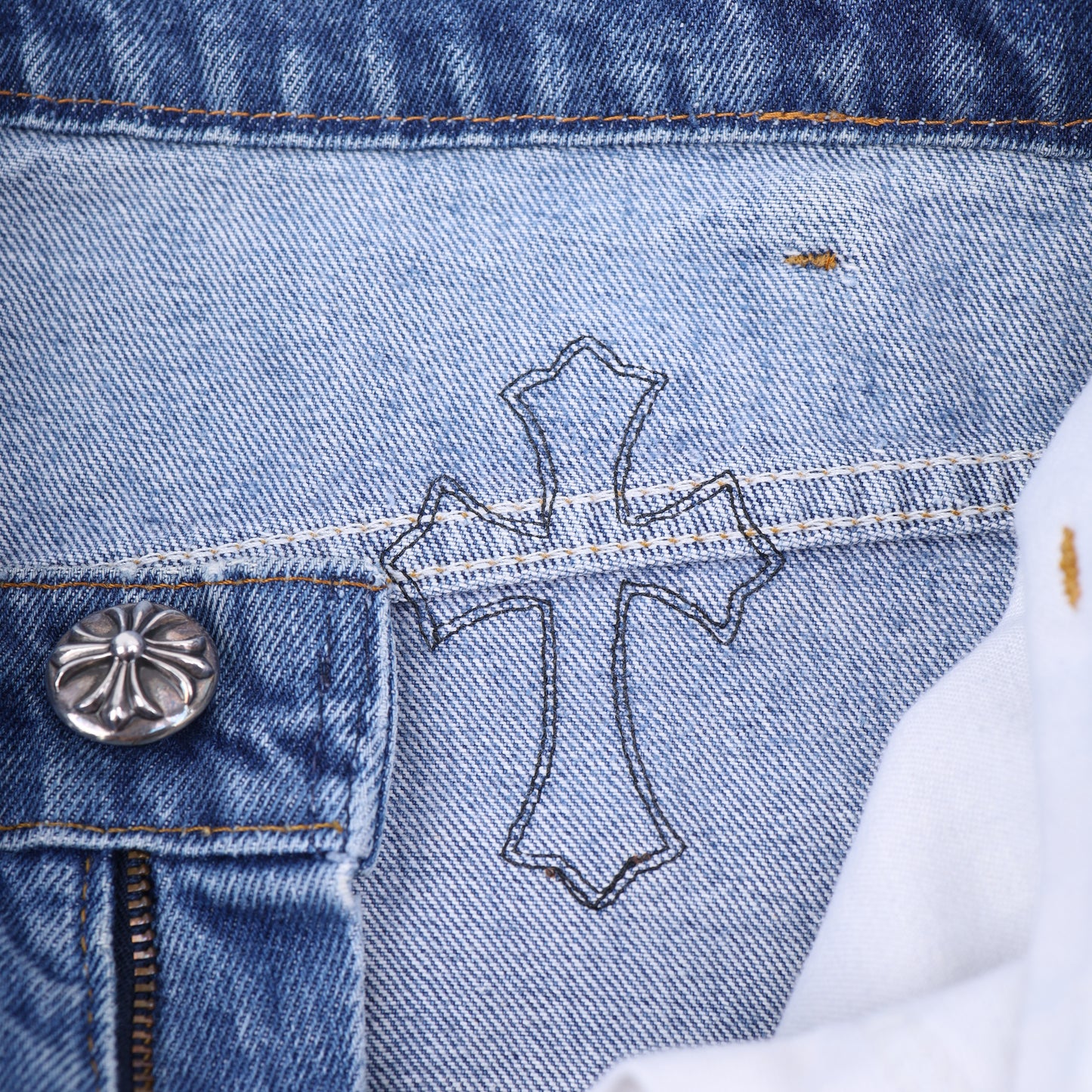 ORANGE TAB 505 LIGHT WASH CROSS PATCH DENIM