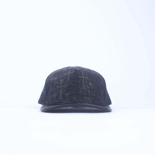 BLACK LEATHER CROSS PATCH HAT