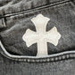 CHROME HEARTS BLACK FLEUR-KNEE PATCH IN HOUSE DENIM