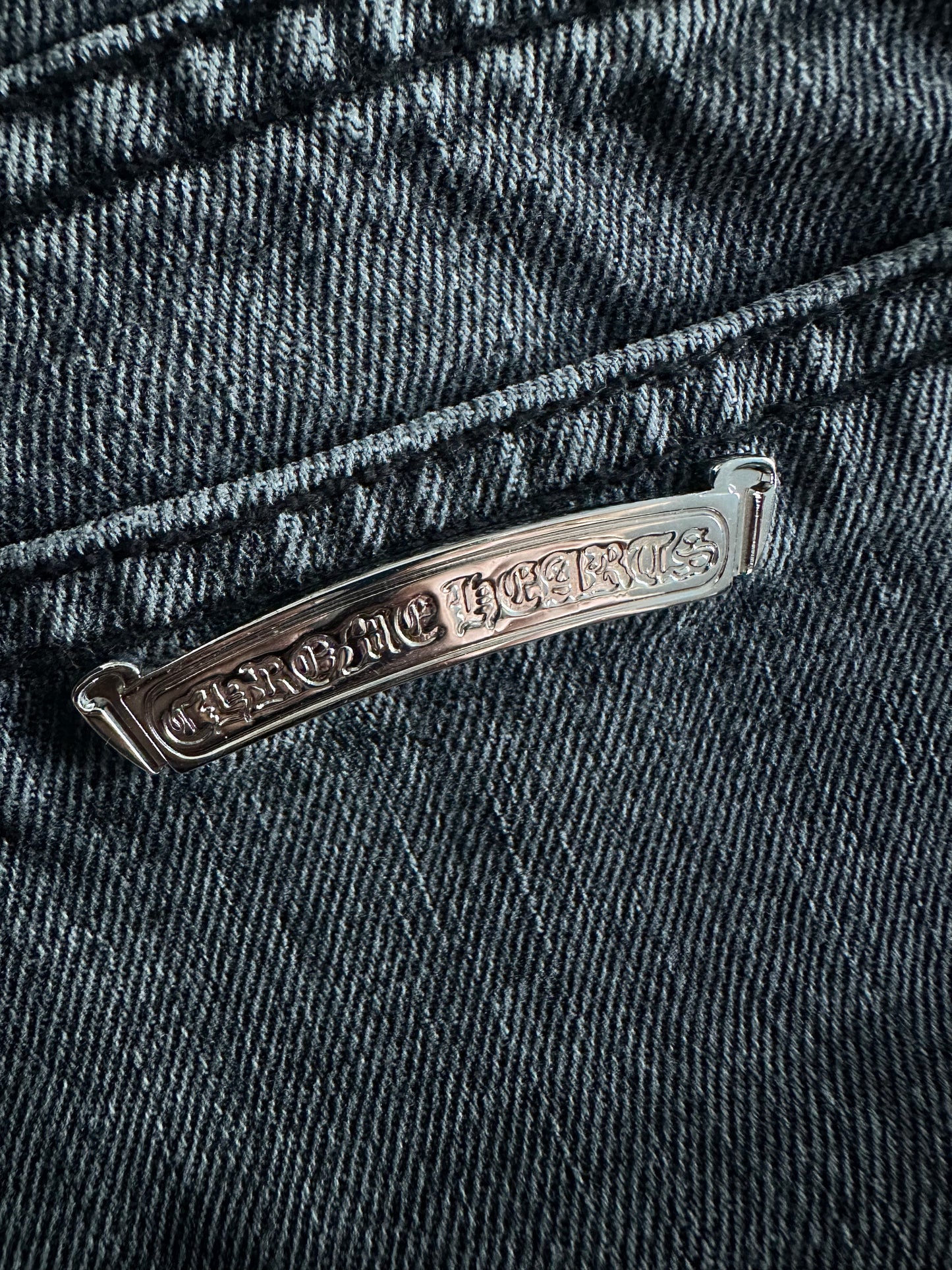 CHROME HEARTS BLACK FLEUR-KNEE PATCH IN HOUSE DENIM