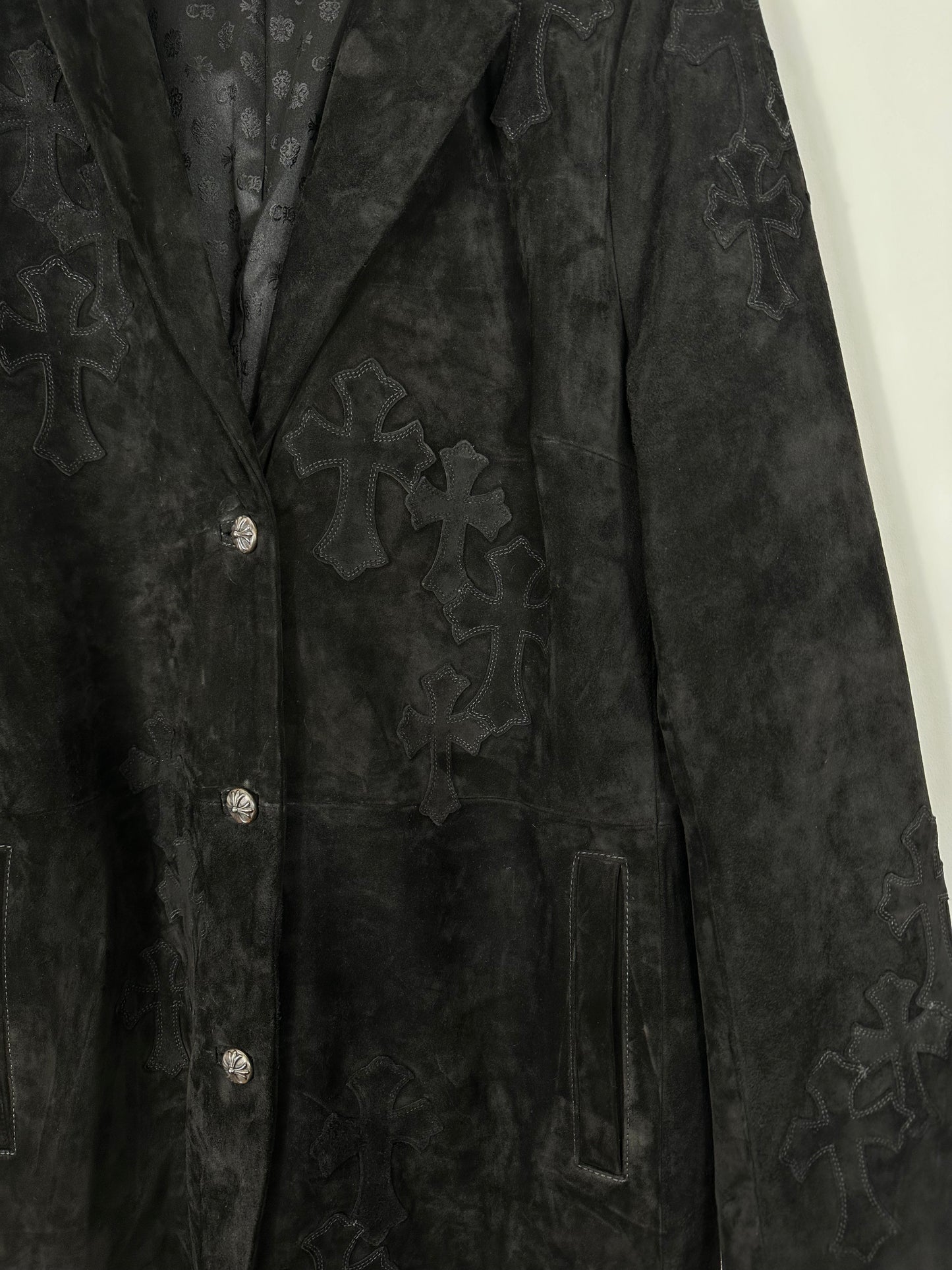 CHROME HEARTS BLACK SUEDE FLOODED TRENCH COAT/PEACOAT