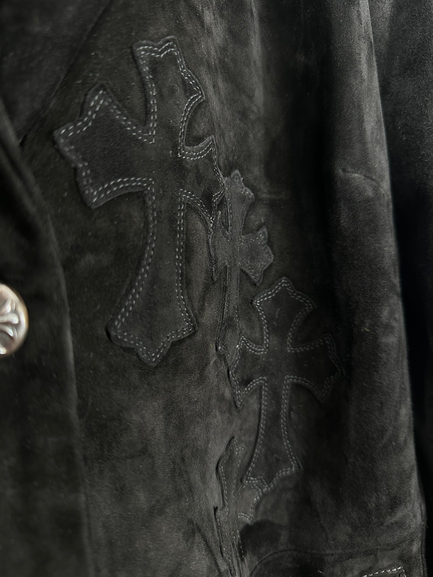 CHROME HEARTS BLACK SUEDE FLOODED TRENCH COAT/PEACOAT