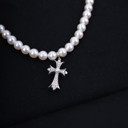 Mikimoto 18K White Gold Tiny Cross Choker