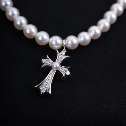 Mikimoto 18K White Gold Tiny Cross Choker