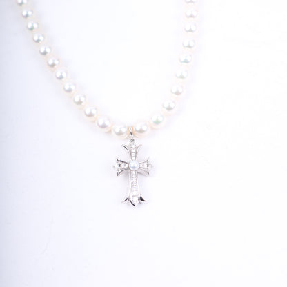 Mikimoto 18K White Gold Tiny Cross Choker