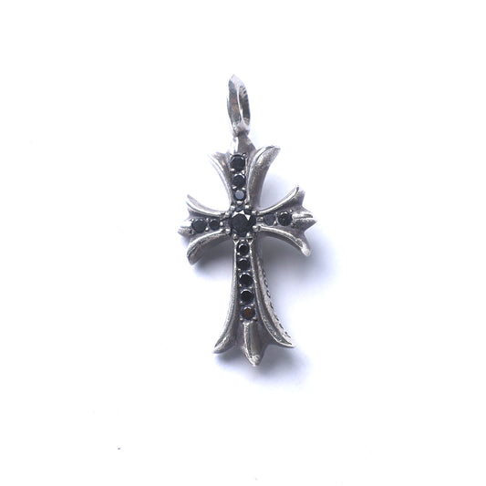 CHROME HEARTS BLACK DIAMOND STERLING SILVER TINY CROSS PENDANT